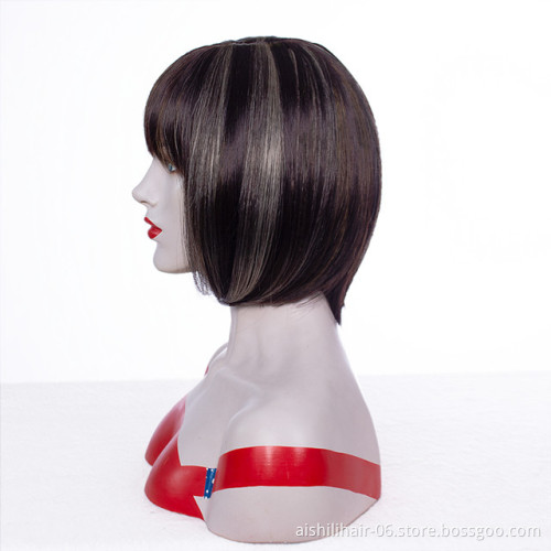 Wholesale stort brown mix blonde bob wig with natural bangs synthetic hair wigs for women